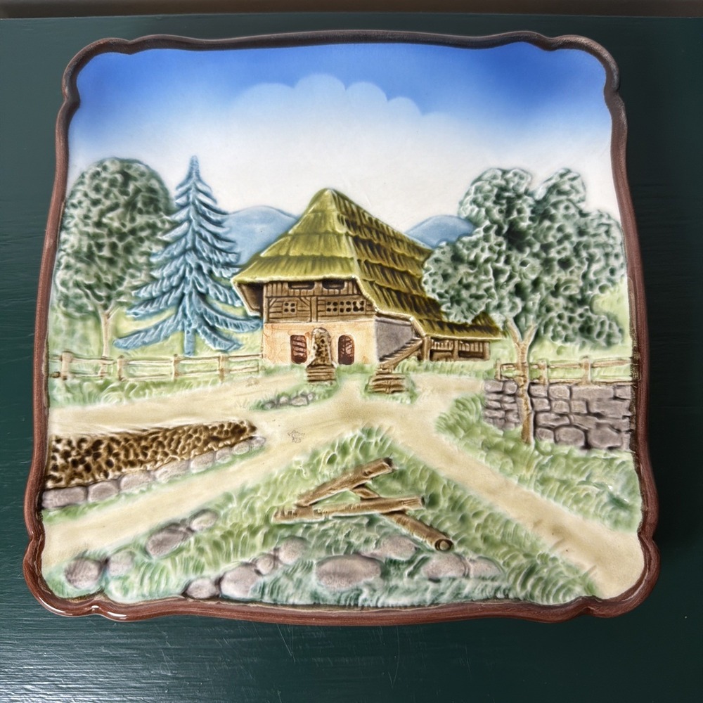 Vintage Majolica Square Ceramic Wall Decor Bavarian Farmhouse Western Germany
